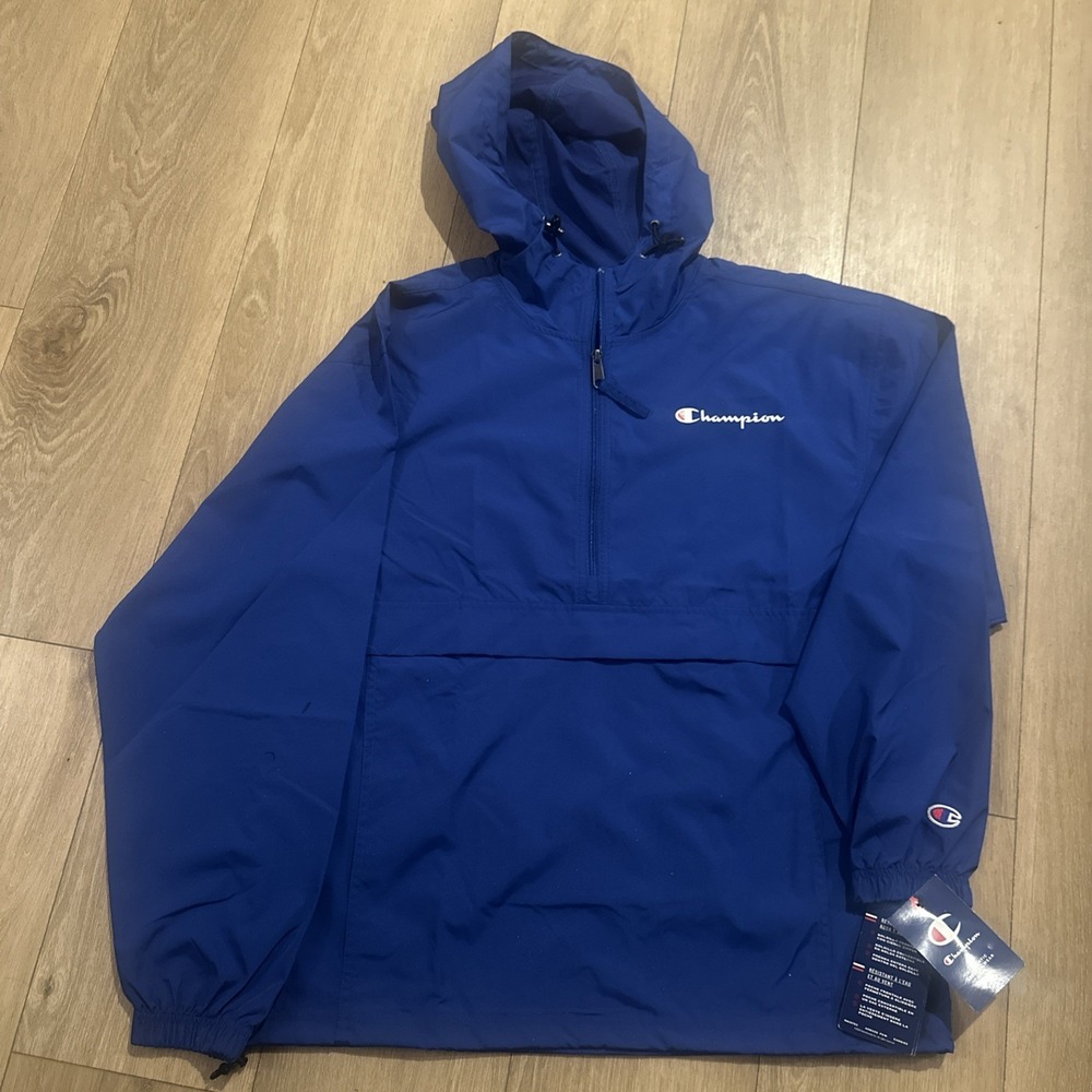 Champion Men's Stadium Packable 1/2 Zip Pullover Hooded Jacket Royal Blue Medium